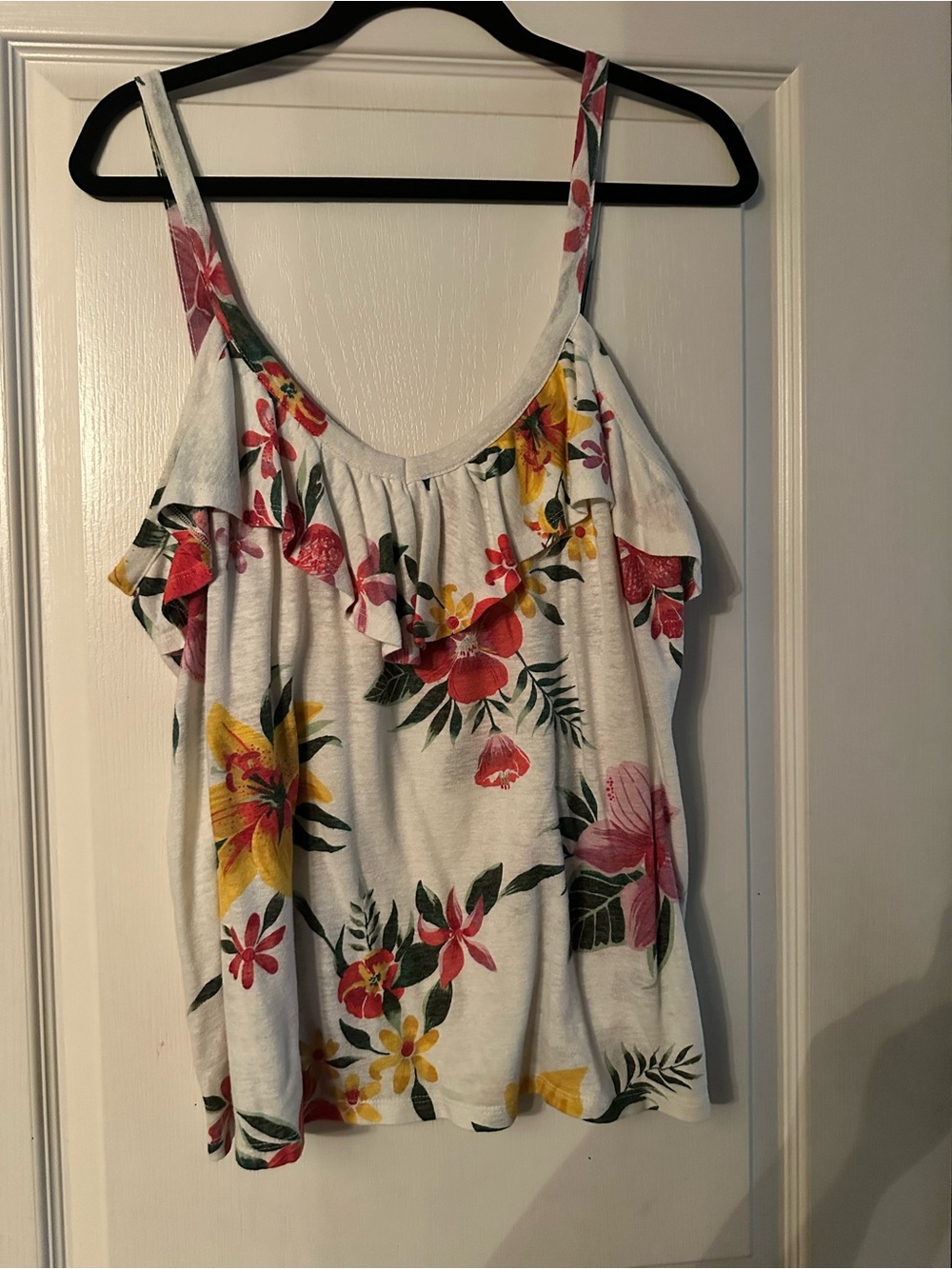 Old Navy Floral Ruffle-Trim White Tank Top - Pink & Yellow Floral XL